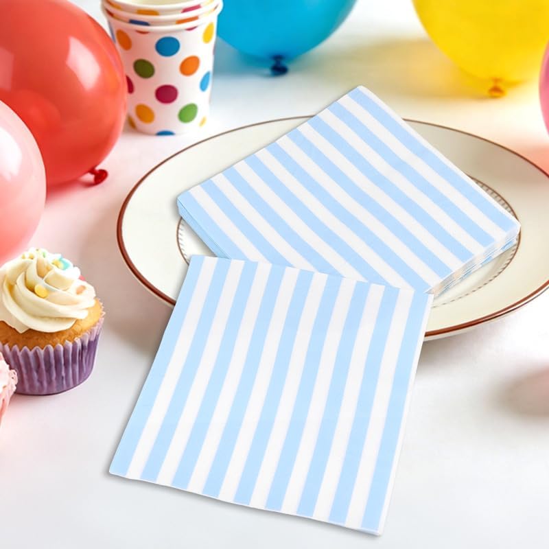 20 Pack Blue and White Stripe Disposable Paper Napkins, Double Layered Napkins, Cocktail Napkins, Drinks, Dinn