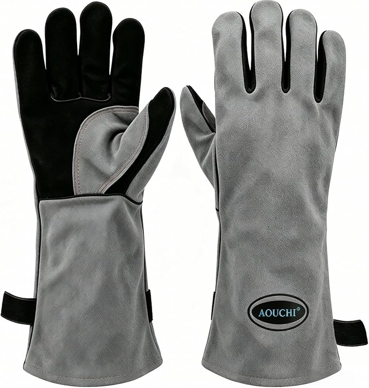 AOUCHI Gants de four et grill en cuir ignifugés de 40,6 cm 500 °C résistants à la chaleur avec coutures en Kev