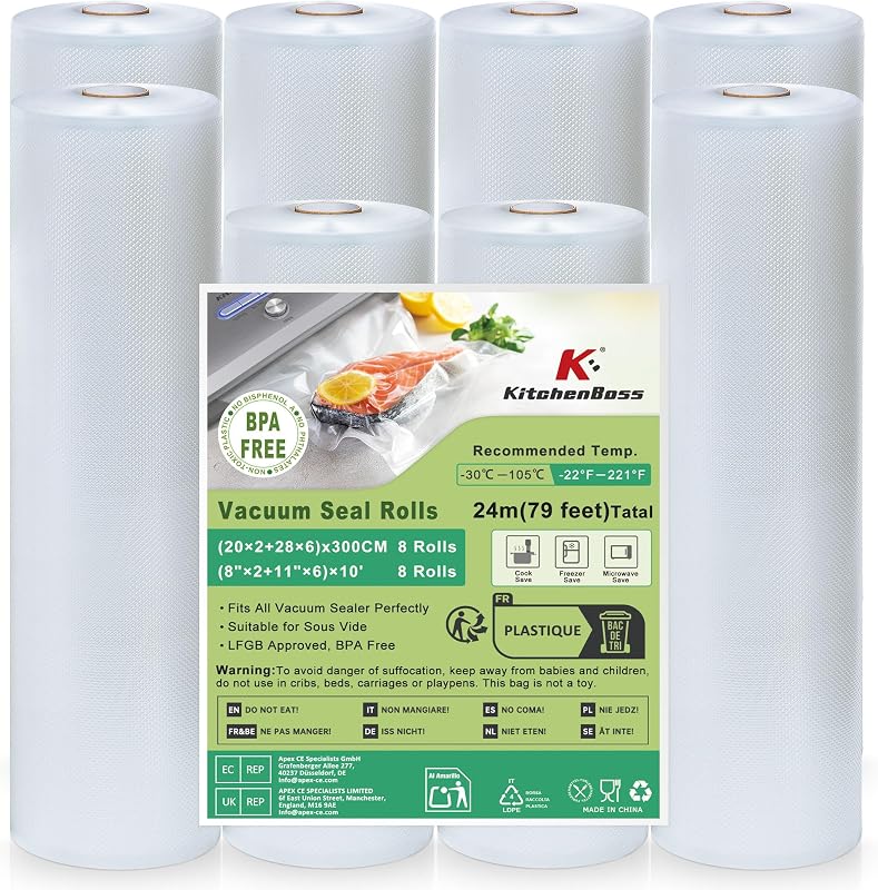 KitchenBoss Food Vacuum Roll, 8 Rolls 20 x 2/11 x 6 x 300 cm, 7 Layer Food Vacuum Bags, Embossed Film, Vacuum