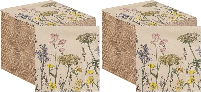 Talking Tables 100 x Soft Disposable Paper Napkins 33 cm 2 Ply Kraft Unbleached Brown Floral Pattern Wedding T