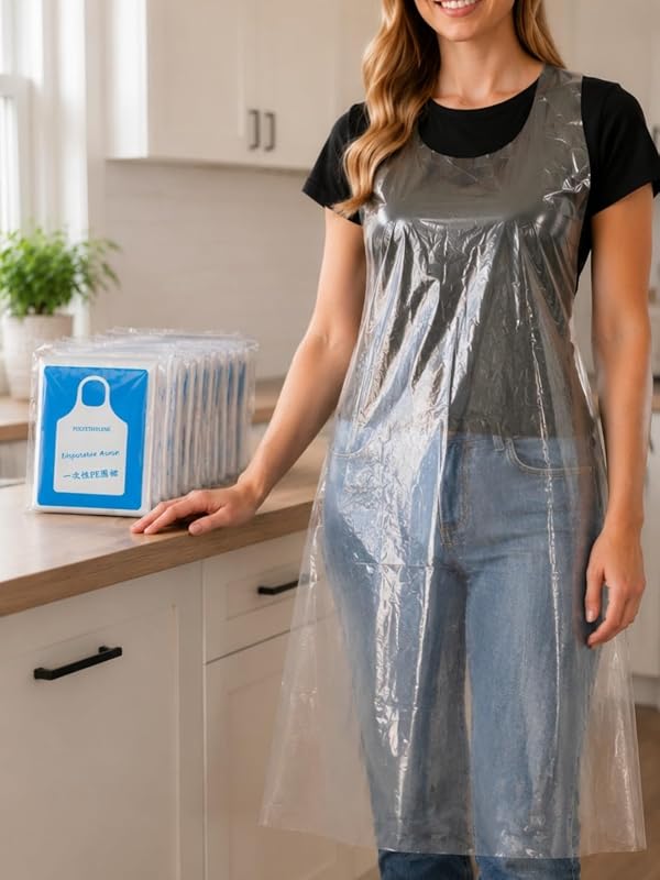 25 Pack Disposable PE Aprons Individually Wrapped Waterproof Oil Proof Wide Neck Design for Kitchen Cleaning