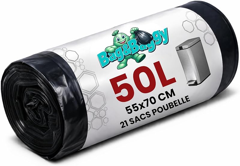Bag&Baggy Lot de 21 sacs poubelle Heavy-Duty 55 x 70 cm, 50 litres, ultra-résistants en LDPE, compatibles avec