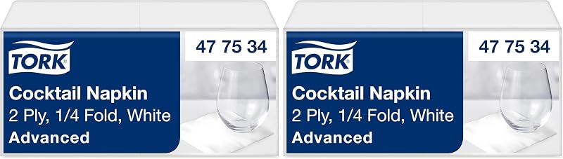 Tork Cocktail Napkin White 1/4 Fold 2 Ply 24cm x 24cm 200 Napkins, 477534 (Pack of 2)
