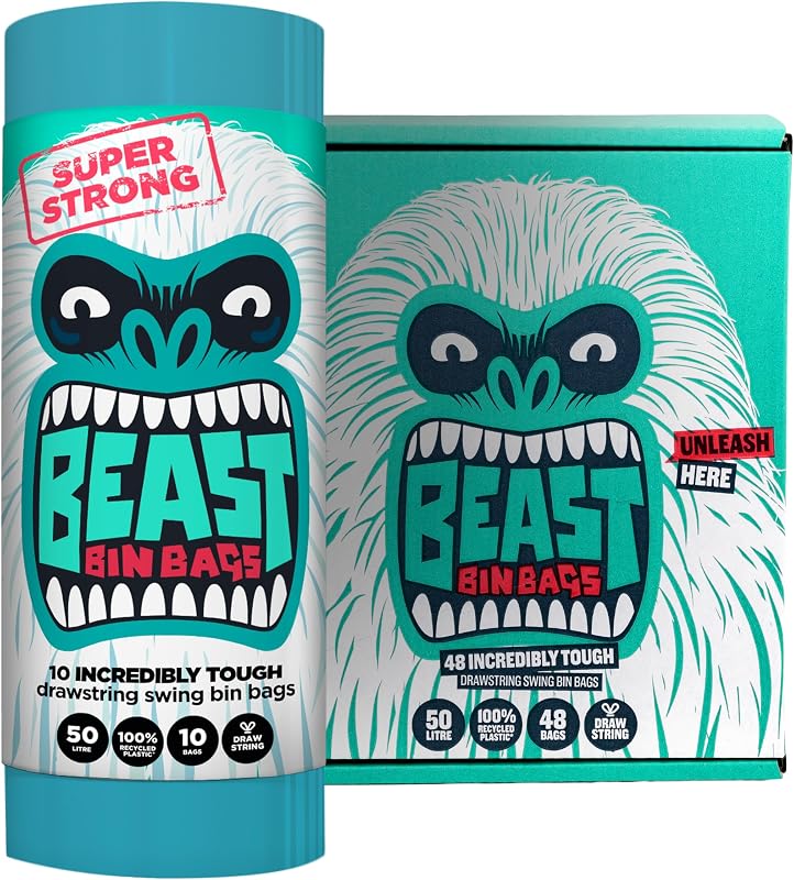 BEAST BIN BAGS Sacs poubelle de 50 L avec poignées à cordon de serrage (48 sacs au total) – Monstrueusement so