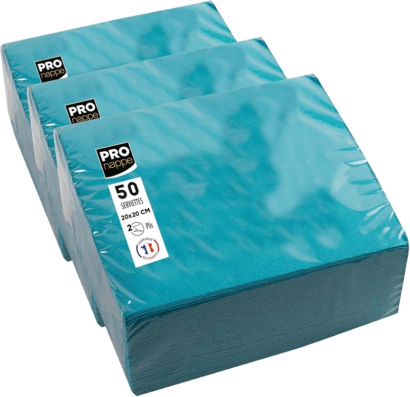 PRONAPPE - Réf. SV622028I - 50 Serviettes cocktail 20x20 cm - Papier micro-gaufré - ouate 2 plis - Turquoise (