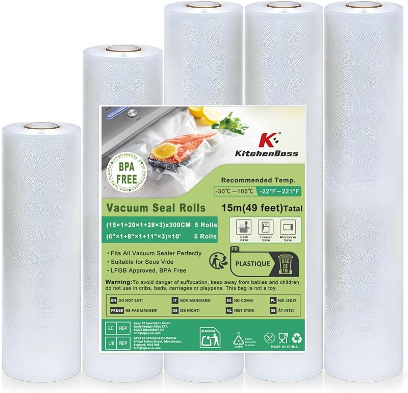 KitchenBoss Sac Sous Vide Alimentaire 5 Rouleaux 28x3/20x1/15x1/300 cm, Rouleau Sous Vide Alimentaire Compatib